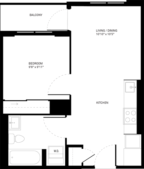 Floor plan for 1 bed, 1 bath, 508 sqft